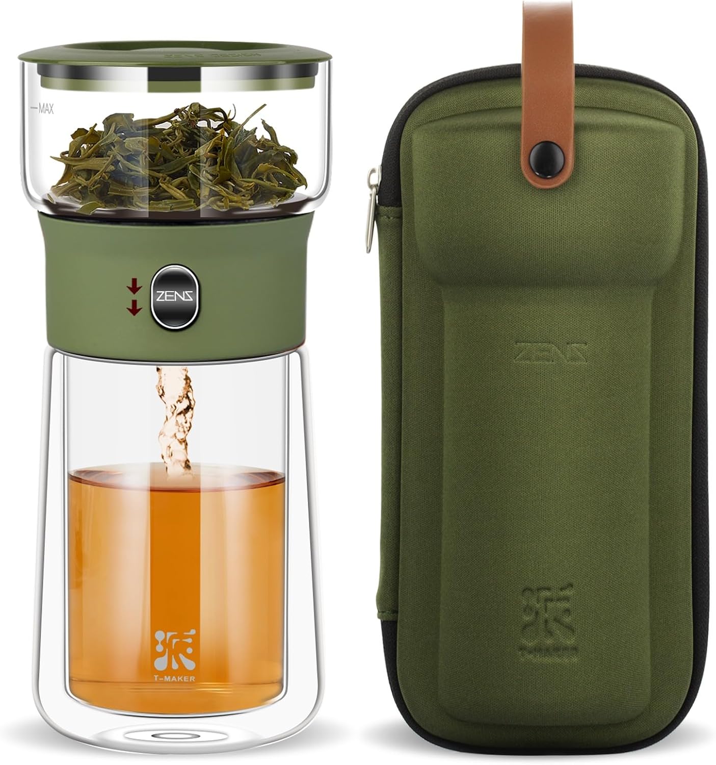 ZENS Modern Glass Infuser Teapot, One Touch Tea Maker for Loose Leaf Tea with Insulated Mug and Portable Case. Enchanted Pot Alternatives for Tea Lover Gifts