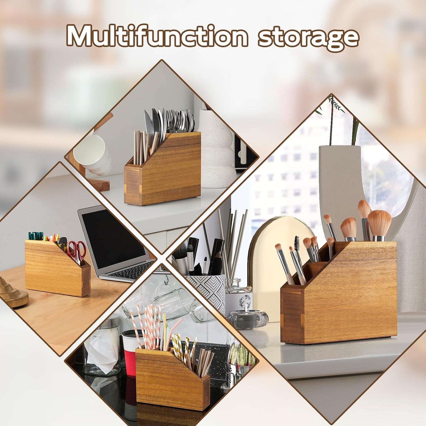 Straw Holder, Acacia Wood Straws Organizer, Cupboard Reusable Straws Dispenser for Kitchen Counter