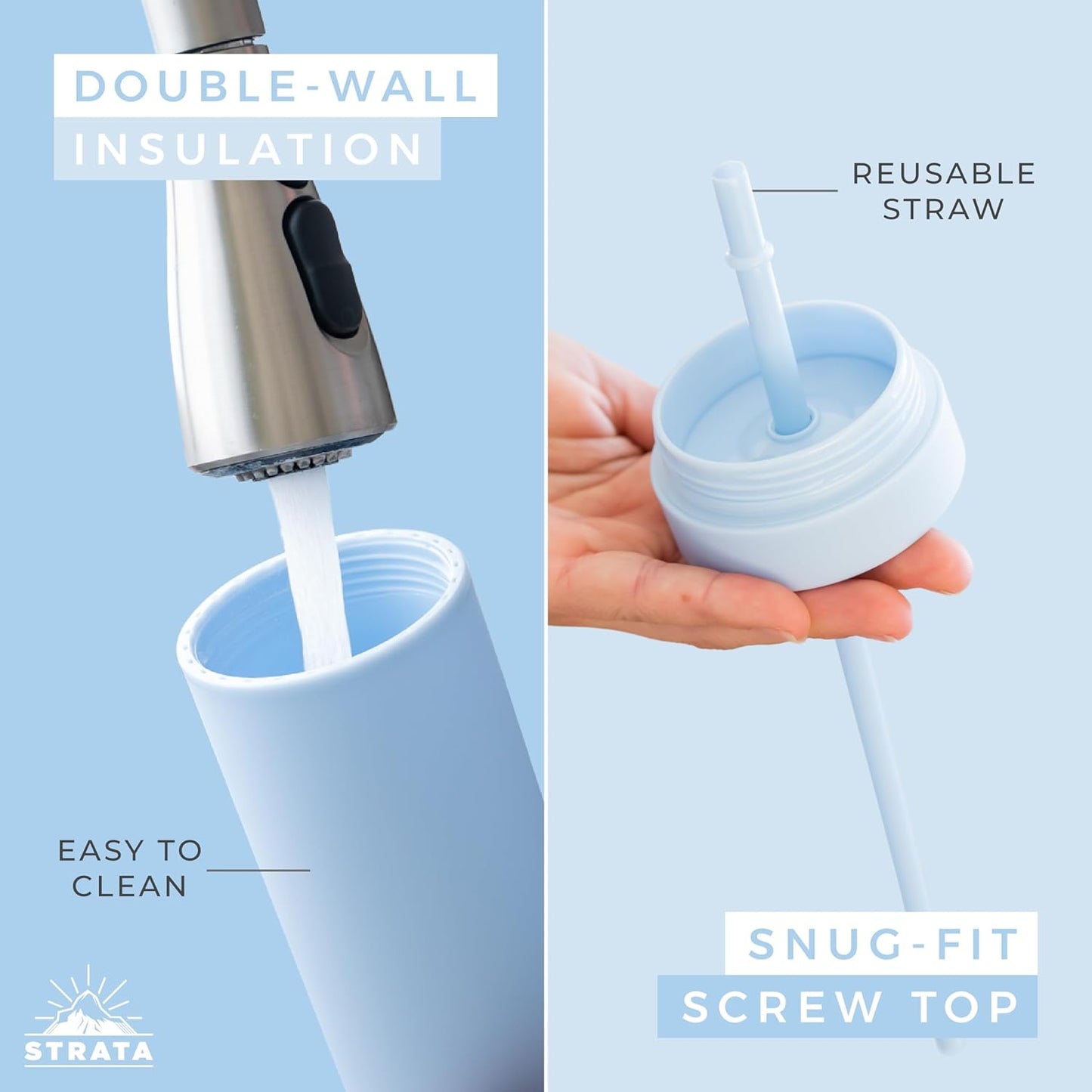 STRATA CUPS Perwinkle Skinny Tumblers with Lids and Straws (4 pack), 16oz Matte Pastel Colored Acrylic Tumblers with Lids and Straws, Double Wall Skinny Tumbler Bulk, Reusable Cup with Straw Cleaner