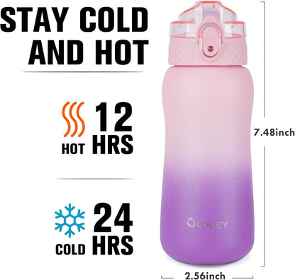 Oldley Insulated Water Bottle 20oz for Adults Kids Stainless Steel Water Bottles with Straw/Chug/Carabiner 3 Lids Fruit Strainer Double Wall Vacuum Wide Mouth BPA Free Leak-Proof for School Travel