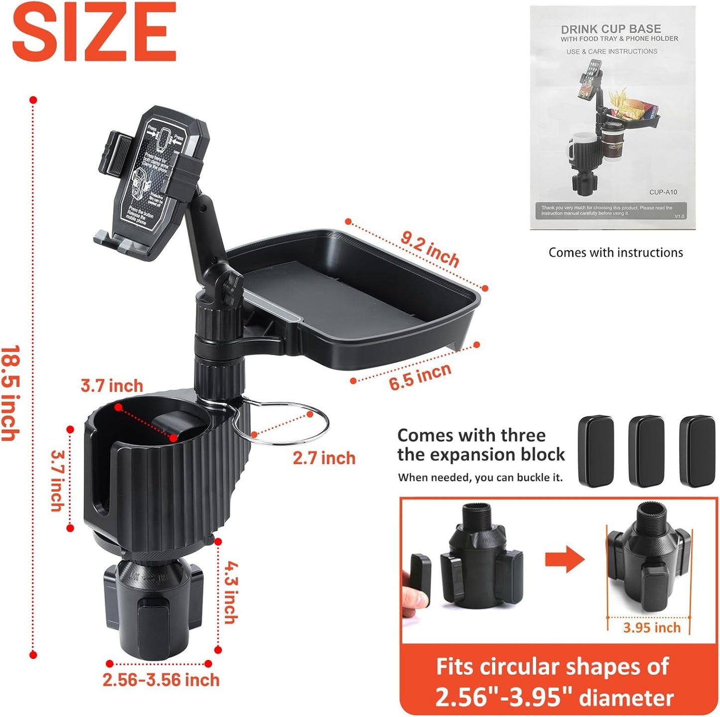 Car Large Cup Holder Expander, 5-in-1 Cupholder Extender with Phone Holder & Swivel and Detachable Snack Food Tray Table for Eating, Travel Essentials for Road Trips for Driver. Model C