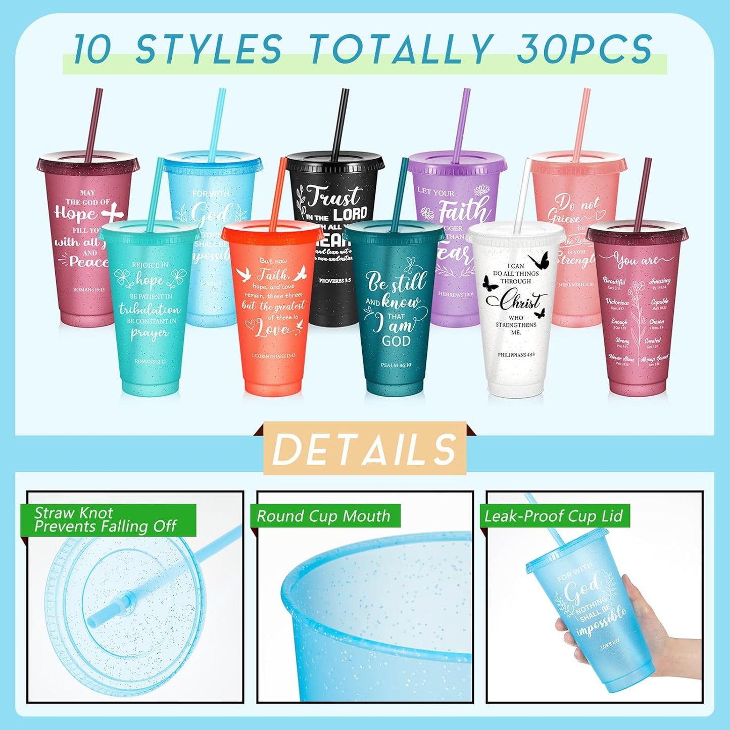 Uiifan 30 Pcs Christian Gifts Cups Bulk for Women, 24oz Bible Verse Christian Tumblers with Lids and Straw, Religious Church Gifts for Mother's Day (Fresh Color,Bible)
