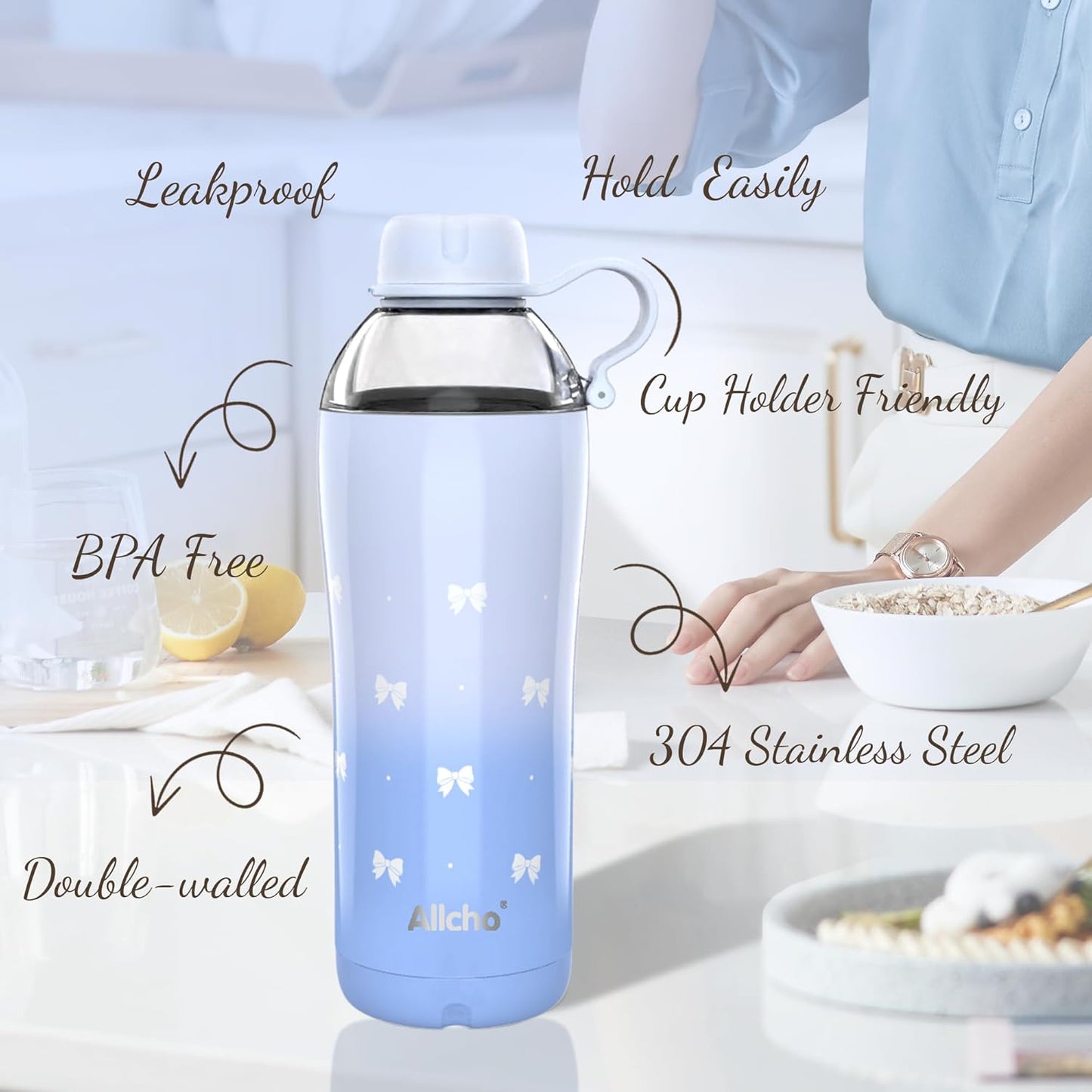 Allcho Insulated Water Bottle for Women, 18oz Stainless Steel Leak Proof Tumbler with 2 Lids, BPA-Free Tritan Chug & Straw Lid, Double Wall Vacuum Flask