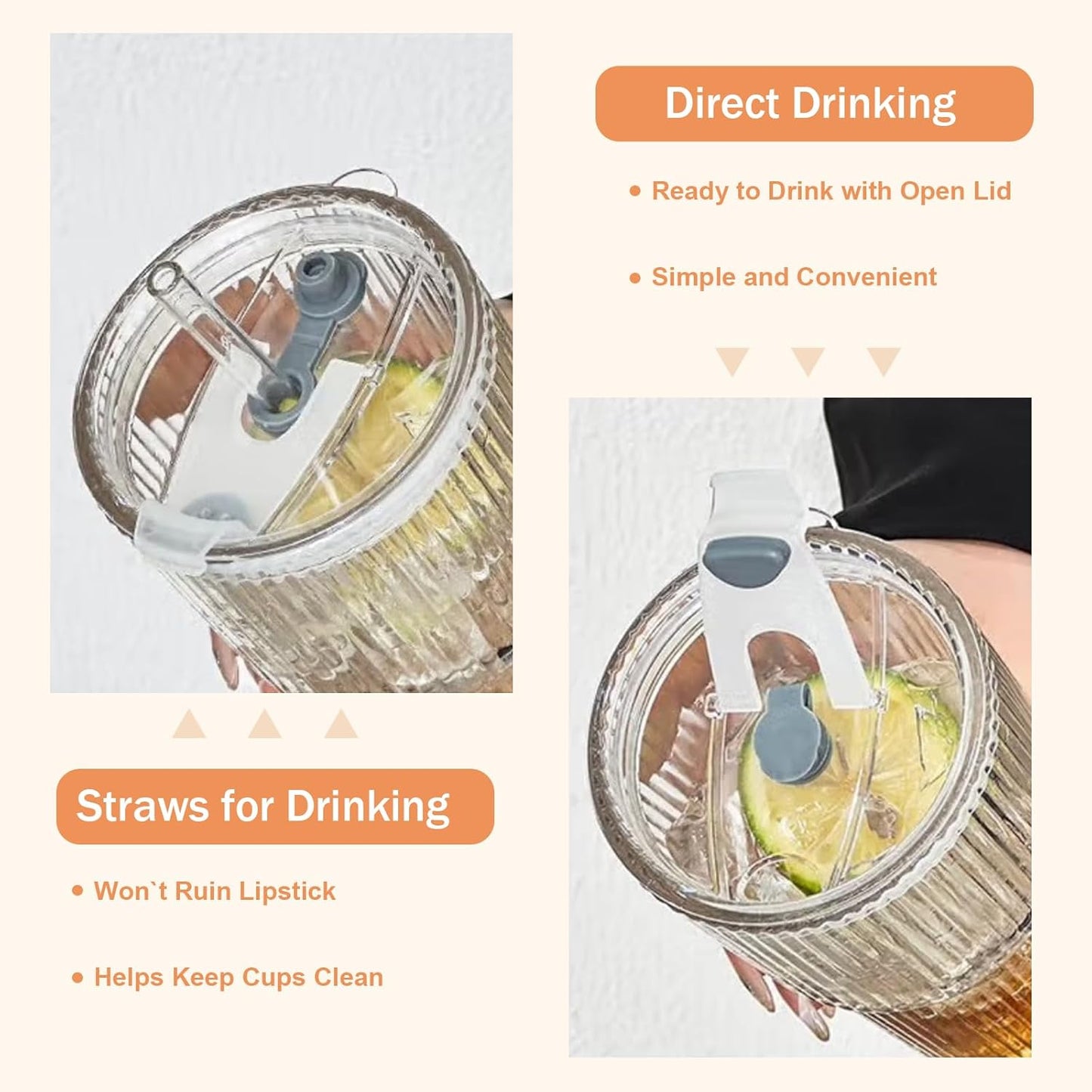 20oz Ribbed Glass Cups with Lids and Straws,1PCS Glass Tumbler with Straw and Lid,Iced Coffee Cups Drinking Glasses for Juice Whiskey Cocktail Beer