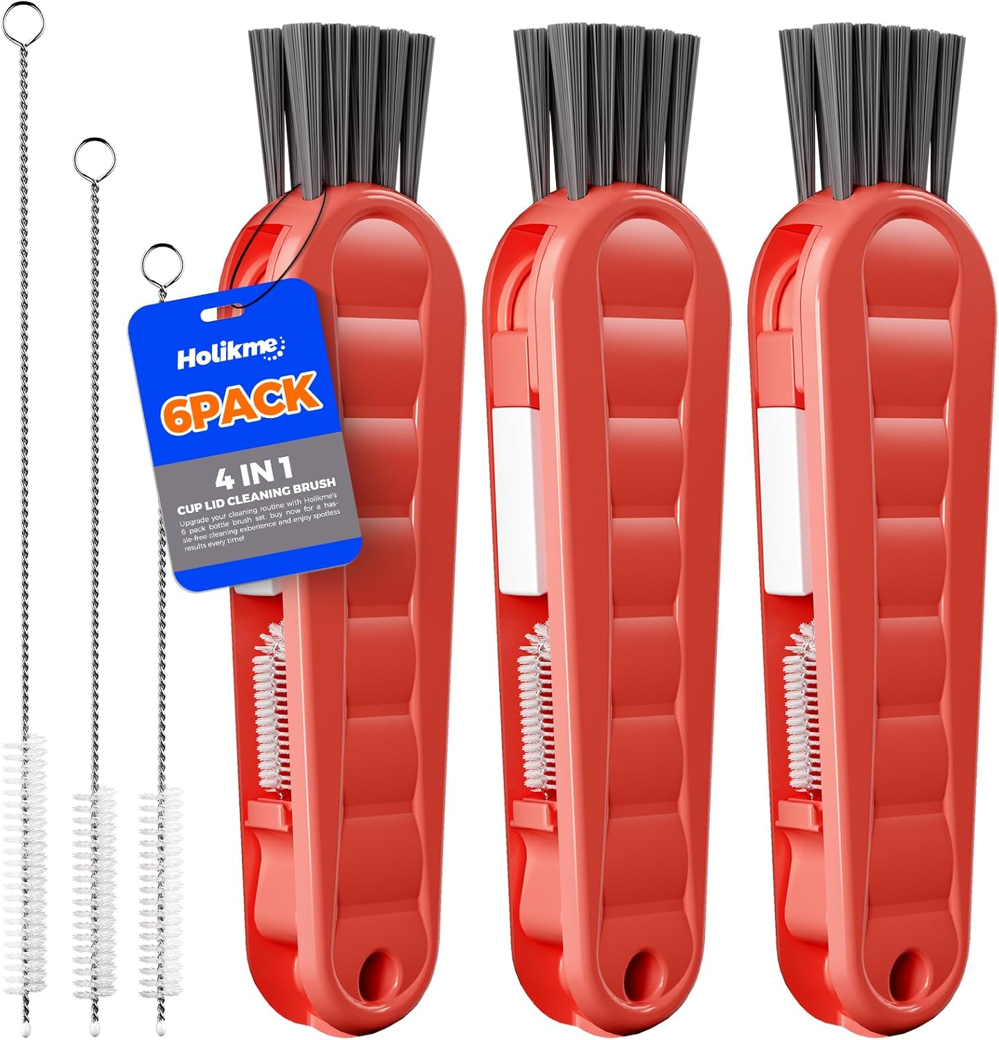 6 PACK Holikme 4 in 1 Cup Lid Cleaning Brush Set with 3 Straws, Multifunctional Bottle Brush, Silicone Cup Lid Gap Cleaner, Durable Bristle Crevice Cleaning Brush,Flat End Brushes,Navy & Black & Olive