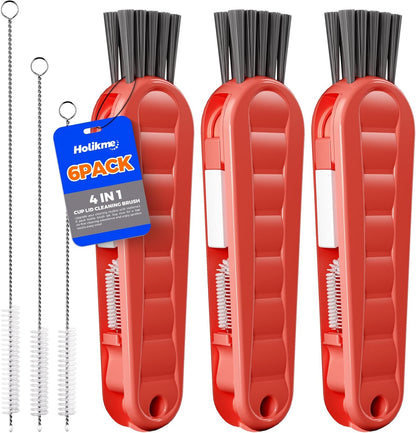 6 PACK Holikme 4 in 1 Cup Lid Cleaning Brush Set with 3 Straws, Multifunctional Bottle Brush, Silicone Cup Lid Gap Cleaner, Durable Bristle Crevice Cleaning Brush,Flat End Brushes,Navy & Black & Olive