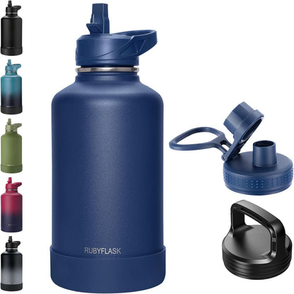 RUBYFLASK 32oz Insulated Water Bottle with Straw, Stainless Steel Metal Vacuum Water Flask, Large Thermal Water bottle with Leakproof 3 Lids for Travel, Camping, Gym Sports Indigo Black