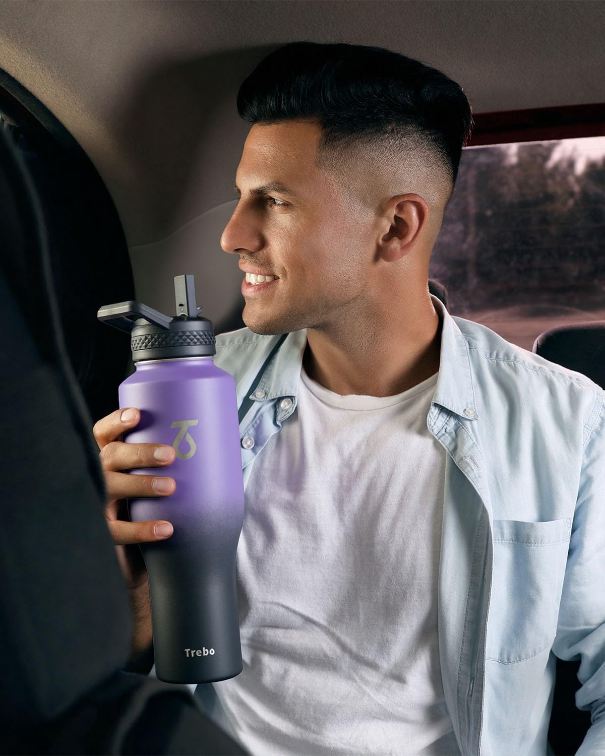 Trebo 40 oz Water Bottle Insulated Fit Car Cup Holder with Handle, Stainless Steel Water Bottles Tumbler with Spout Straw Lids, Double Wall Travel Reusable Flask, Leakproof Mug,Keep Cold &Hot,Black
