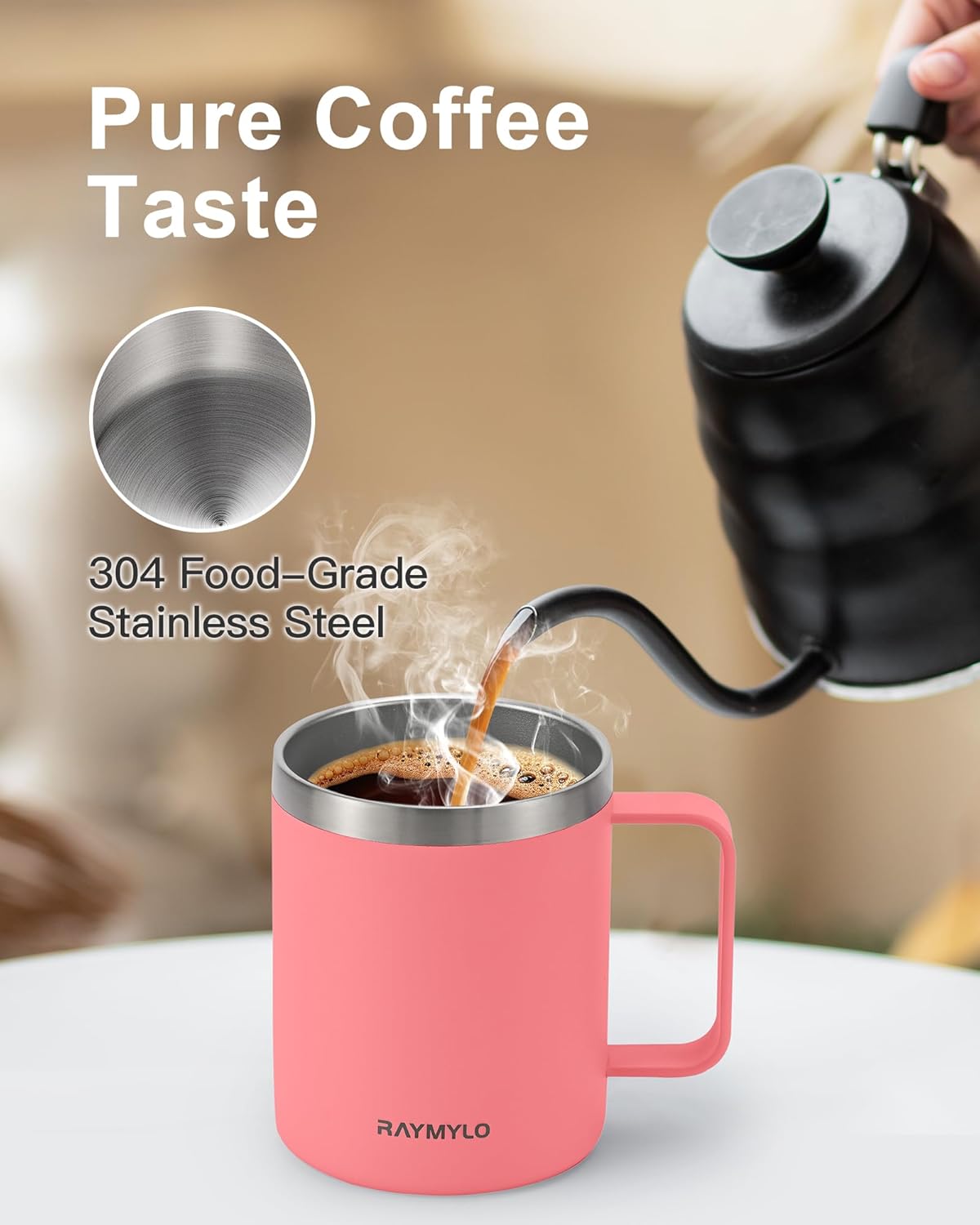 RAYMYLO Insulated Coffee Mug 12 oz, Double Wall Stainless Steel Coffee Mug with Lids, Leak-Proof & Detachable Slider Lid for Thorough Clean, Keeps Coffee Cold for 9 Hrs, Suitable for Camp Home Office