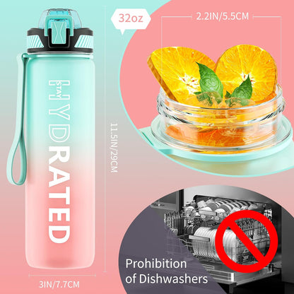 QLUR Water Bottle with Straw, 32oz Motivational Water Bottles with Time Marker to Drink, Tritan BPA Free, 1L Sports Water Bottle with Carry Strap LeakProof for Women Gym Fitness Outdoor (1 Pack)