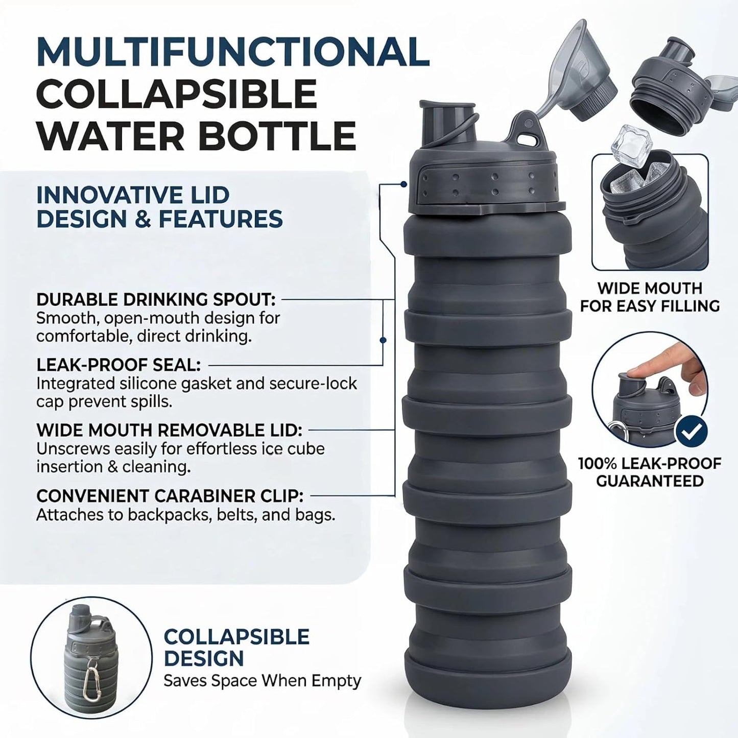 Collapsible Water Bottles Travel water bottle Sports Portable Sport Water Bottle Reusable Water Bottles comes with mountaineering Buckle 500ml silicone Water-proof camping water bottle