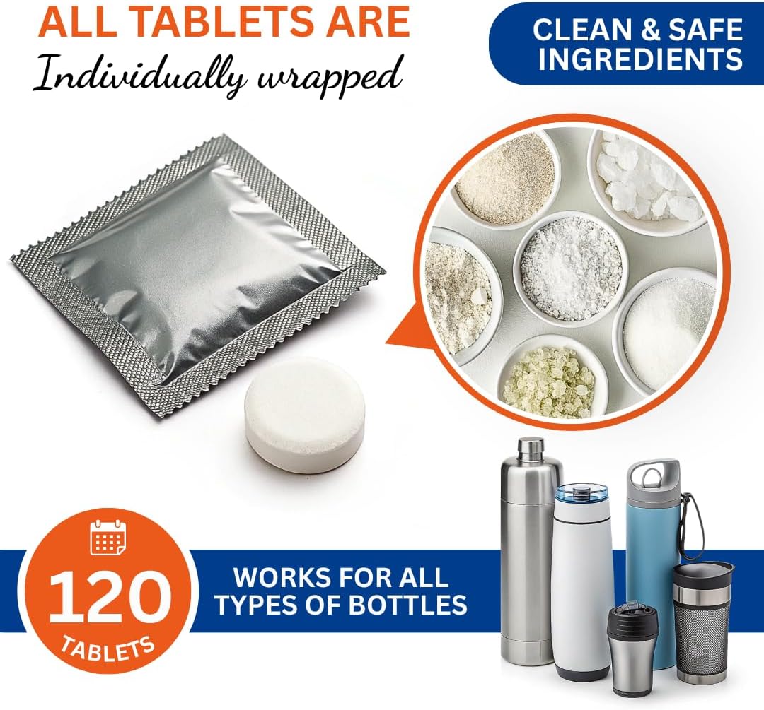 Skyis Water Bottle Cleaning Tablets 120 Pack, Up to 2 Years Supply, No Scrub Bottle Cleaner for Stainless Steel, Tumbler, Hydration Bladder, Coffee Mug, Removes Odor & Stains