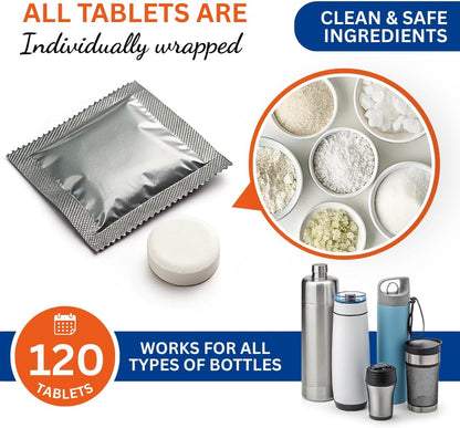 Skyis Water Bottle Cleaning Tablets 120 Pack, Up to 2 Years Supply, No Scrub Bottle Cleaner for Stainless Steel, Tumbler, Hydration Bladder, Coffee Mug, Removes Odor & Stains