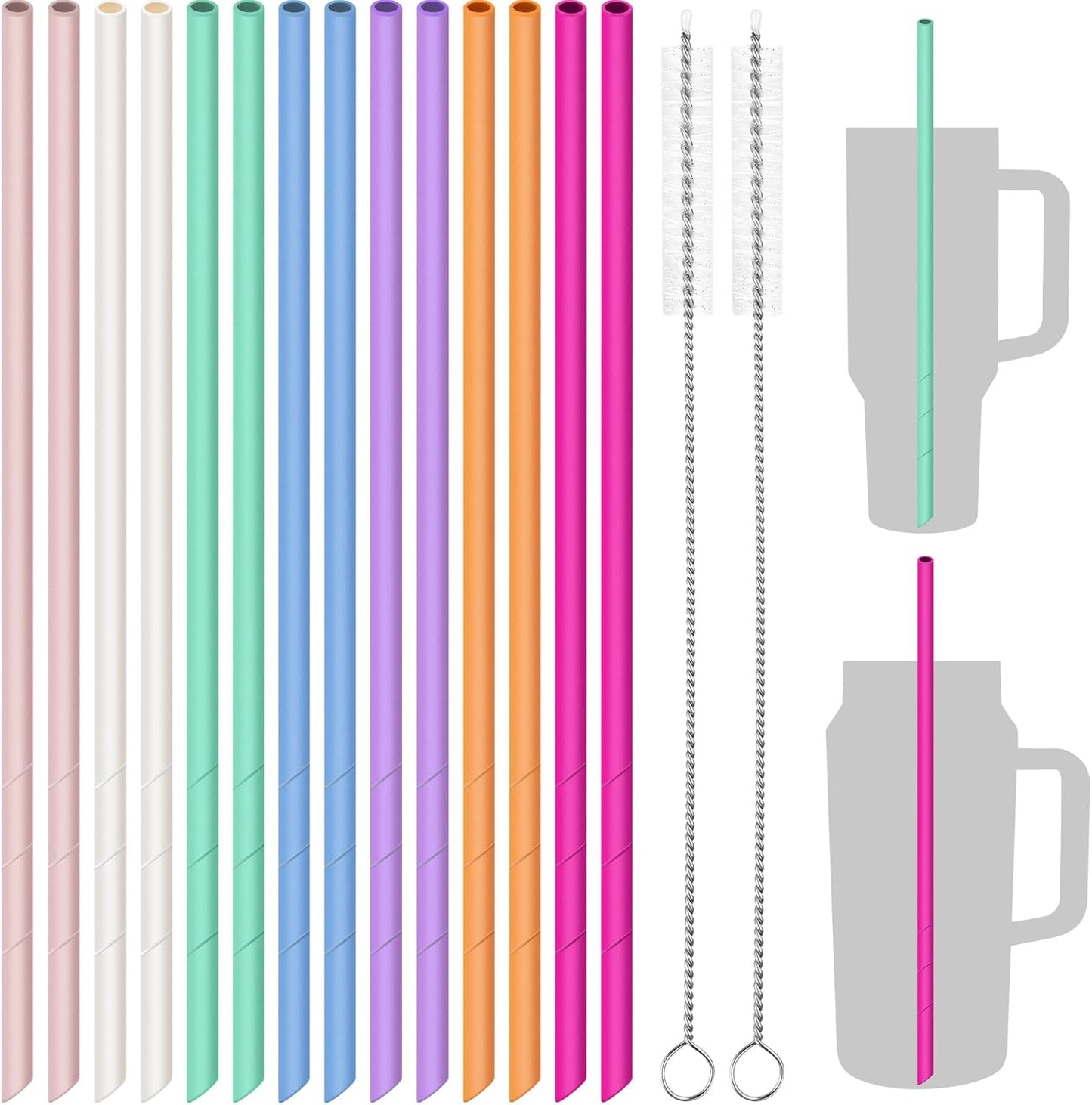 NiHome 14PCS Silicone Straws Fit for Stanley 40oz 30oz Tumbler, 14” Extra Long Reusable Drinking Straw, Flexible Can Cut Length for 1/Half Gallon 75 64 OZ Large Water Bottle - 2 Brushes (Rainbow)