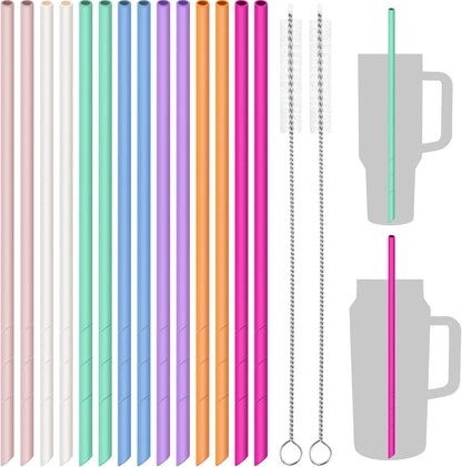 NiHome 14PCS Silicone Straws Fit for Stanley 40oz 30oz Tumbler, 14” Extra Long Reusable Drinking Straw, Flexible Can Cut Length for 1/Half Gallon 75 64 OZ Large Water Bottle - 2 Brushes (Rainbow)
