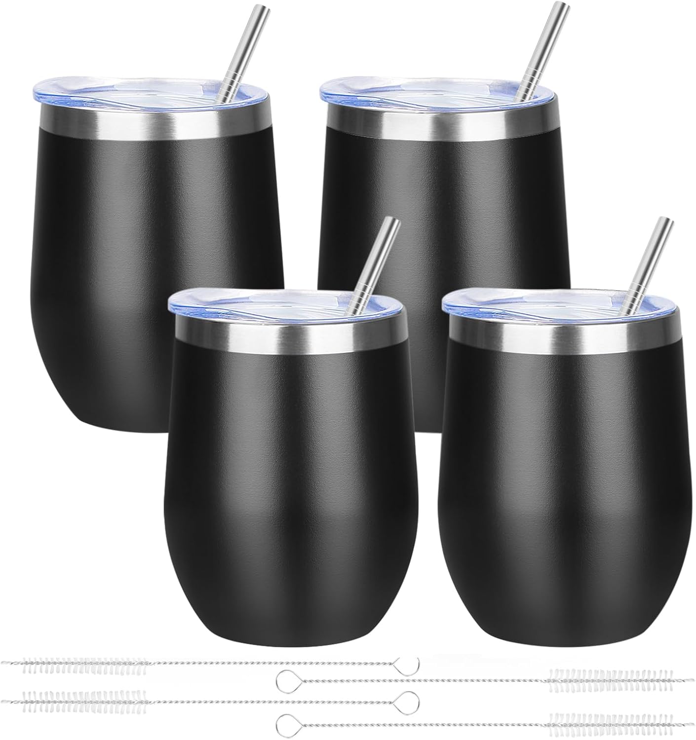 12oz/4 Pack Wine Tumbler Glasses with Lid Stemless Double Wall Vacuum Stainless Steel Travel Tumbler Keeping Cold & Hot for Wine,Coffee,Cocktails,Drinks-Family and Gifts (Multi color-dark)