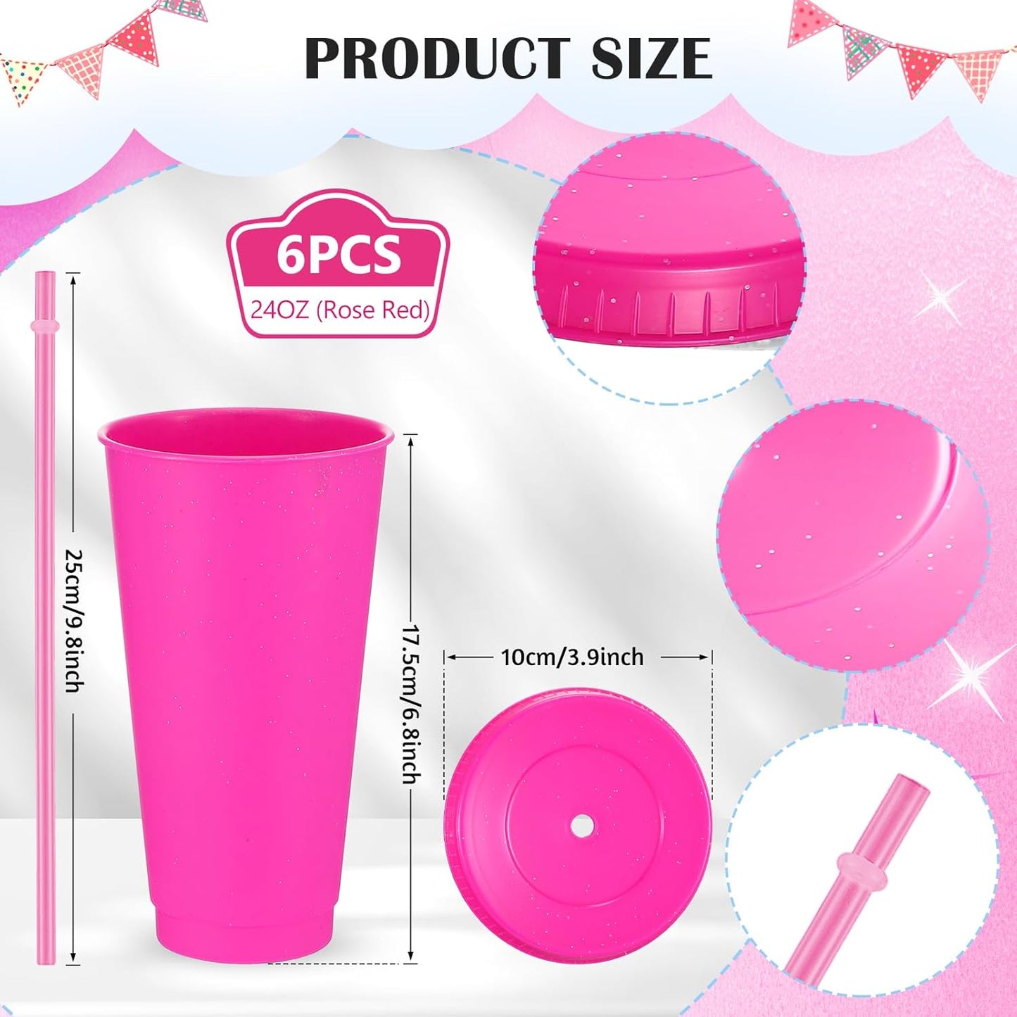 Uiifan 6 Pcs 24 oz Reusable Tumbler with Lids and Straws Plastic Iced Coffee Tumbler Glitter Travel Mug Cup for Smoothie Juices Birthday Party Cold Drink Coffee Cup Bulk for Adult Kid Women (Clear)