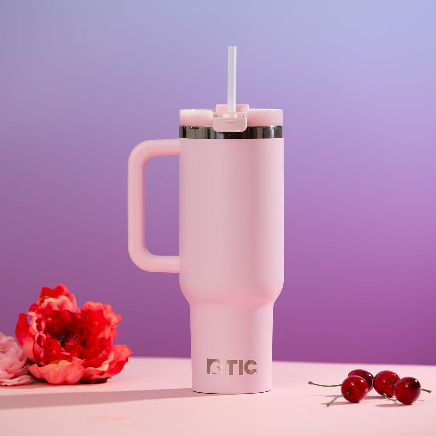 RTIC 30 oz Road Trip Tumbler Double-Walled Ceramic Lined InsulatedStainless Steel Portable Travel Coffee Mug Cup with Lid, Handle and Straw, Periwinkle Bouquet
