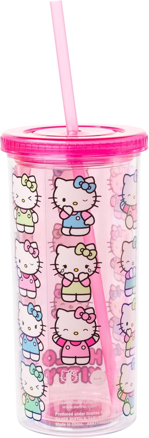 Silver Buffalo Sanrio Hello Kitty Milk Carton Pattern Plastic Boba Tumbler w Lid and Wide Straw, 24 Ounces