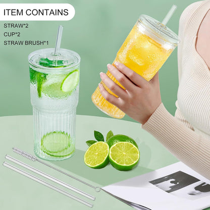 Luiaiog 20 oz Glass Cups with Lids and Straws – Single Reusable Tumbler, Thickened Shatter-Resistant Glass, Ideal for Iced Coffee, Smoothies, Cocktails, Juices – Elegant & Durable Drinkware