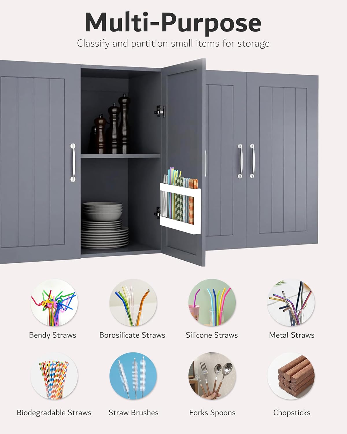 Upgraded 9.5'' Large Acrylic Straw Holder for Cabinet Door, Adjustable Space-Saving Straw Organizer Storage Dispenser for Cabinet with Ultra Sticky Adhesive Strips, 2-Part Rack, Drainage Holes