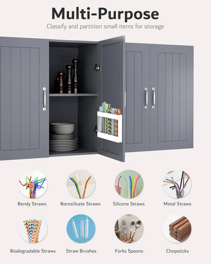 Upgraded 9.5'' Large Acrylic Straw Holder for Cabinet Door, Adjustable Space-Saving Straw Organizer Storage Dispenser for Cabinet with Ultra Sticky Adhesive Strips, 2-Part Rack, Drainage Holes