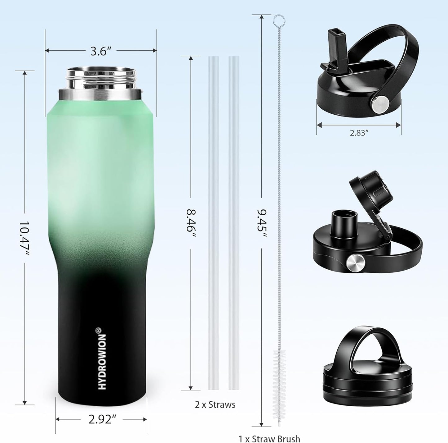 HYDROWION 32oz Stainless Steel Water Bottle(Cold for 48 Hrs, Hot for 24 Hrs),Double Wall Vacuum Insulated Water Bottle with Straw Lid, Spout Lid and Flex Cap, Fit in Any Car Cup Holder,Black
