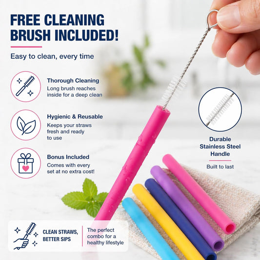 Reusable Silicone Drinking Straws - Set of 5 - BPA Free - Free Cleaning Brush Included - 10" Long Extra Wide Fat Straws - Great Gift for Smoothies & Bubble Tea Lovers