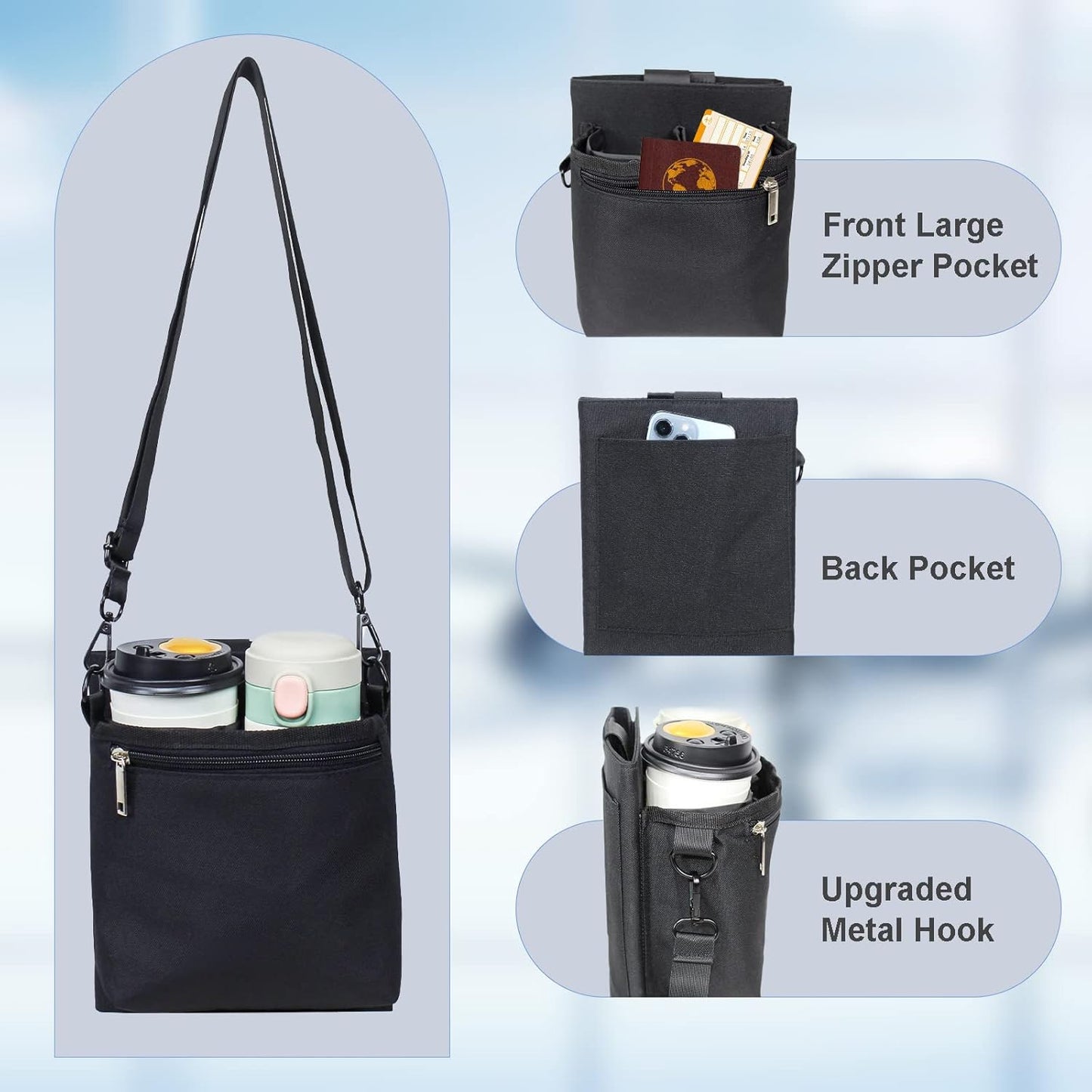 Luggage Travel Cup Holder with Luggage Straps Free Hand Drink Caddy Beverage Holder Travel Accessories Gift for Flight Attendants Businessmen Travelers Fits Roll on Suitcase Handles Black