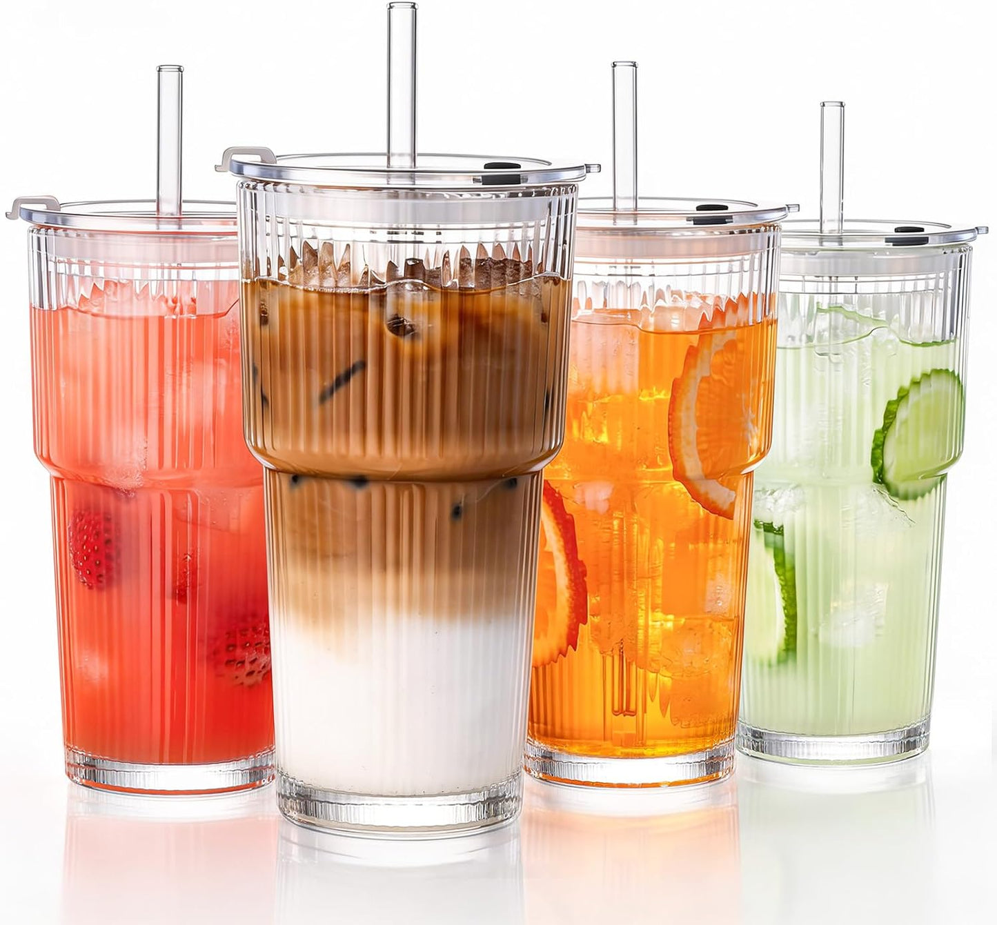 GOSCHE 20oz Ribbed Glass Tumbler with Straw and Lid, Clear Iced Coffee Cups Vintage Glassware, Glass Cups with Lids and Straws for Smoothie Water Tea Juice, Clear, 2 Pack