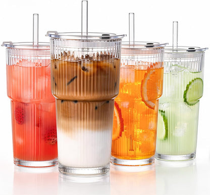 GOSCHE 20oz Ribbed Glass Tumbler with Straw and Lid, Clear Iced Coffee Cups Vintage Glassware, Glass Cups with Lids and Straws for Smoothie Water Tea Juice, Clear, 2 Pack