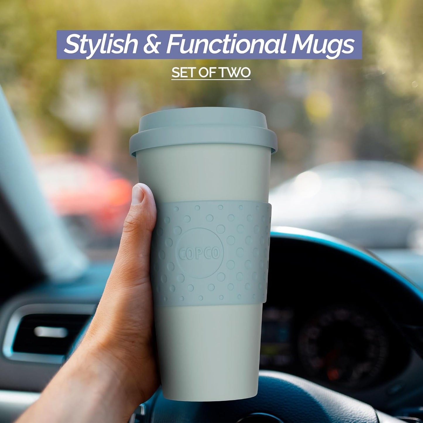 Copco Acadia 16oz Travel Mug with Lid, Set of 2 Double Wall Insulated Tumbler, Non-Slip Sleeve and BPA-Free - Microwave & Dishwasher Safe, Reusable Plastic To Go Travel Coffee Mug (Navy/Blue)