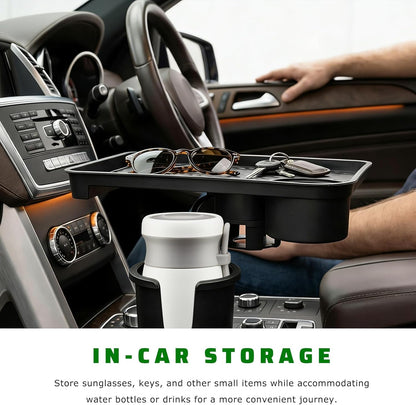 Car Cup Holder Tray, 2 in 1 Detachable Snack Food Tray Table with Cup Holder & Phone Slot, 360° Rotatable Cupholder Extender for Travel Road Essentials, Car Accessories