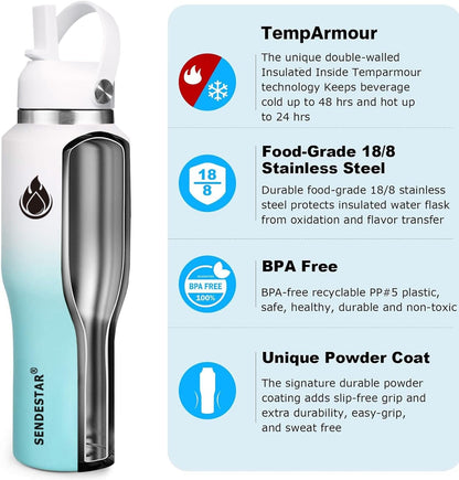 SENDESTAR 40oz Water Bottle Wide Mouth Stainless Steel Vacuum Insulated Double Wall with Straw Lids Fit in Any Car Cup Holder