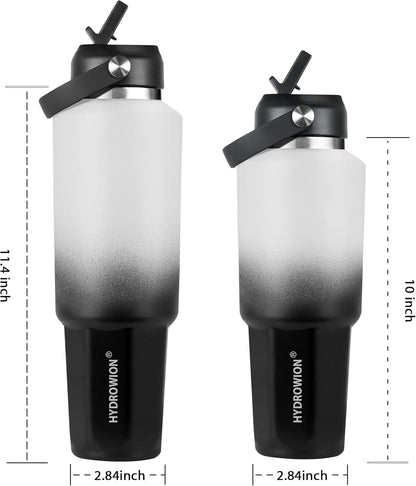 HYDROWION 32oz Stainless Steel Water Bottle(Cold for 48 Hrs, Hot for 24 Hrs),Double Wall Vacuum Insulated Water Bottle with Straw Lid, Spout Lid and Flex Cap, Fit in Any Car Cup Holder,Black