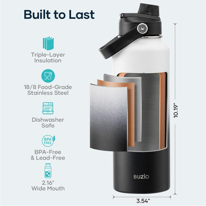 BUZIO 40oz Insulated Water Bottle, Triple Wall Vacuum Stainless Steel Water Flask with 2 lids, Lead-Free BPA-Free Straw Lid Sports Canteen Jug, Cold 48H & Hot 24H- Black - Colors A