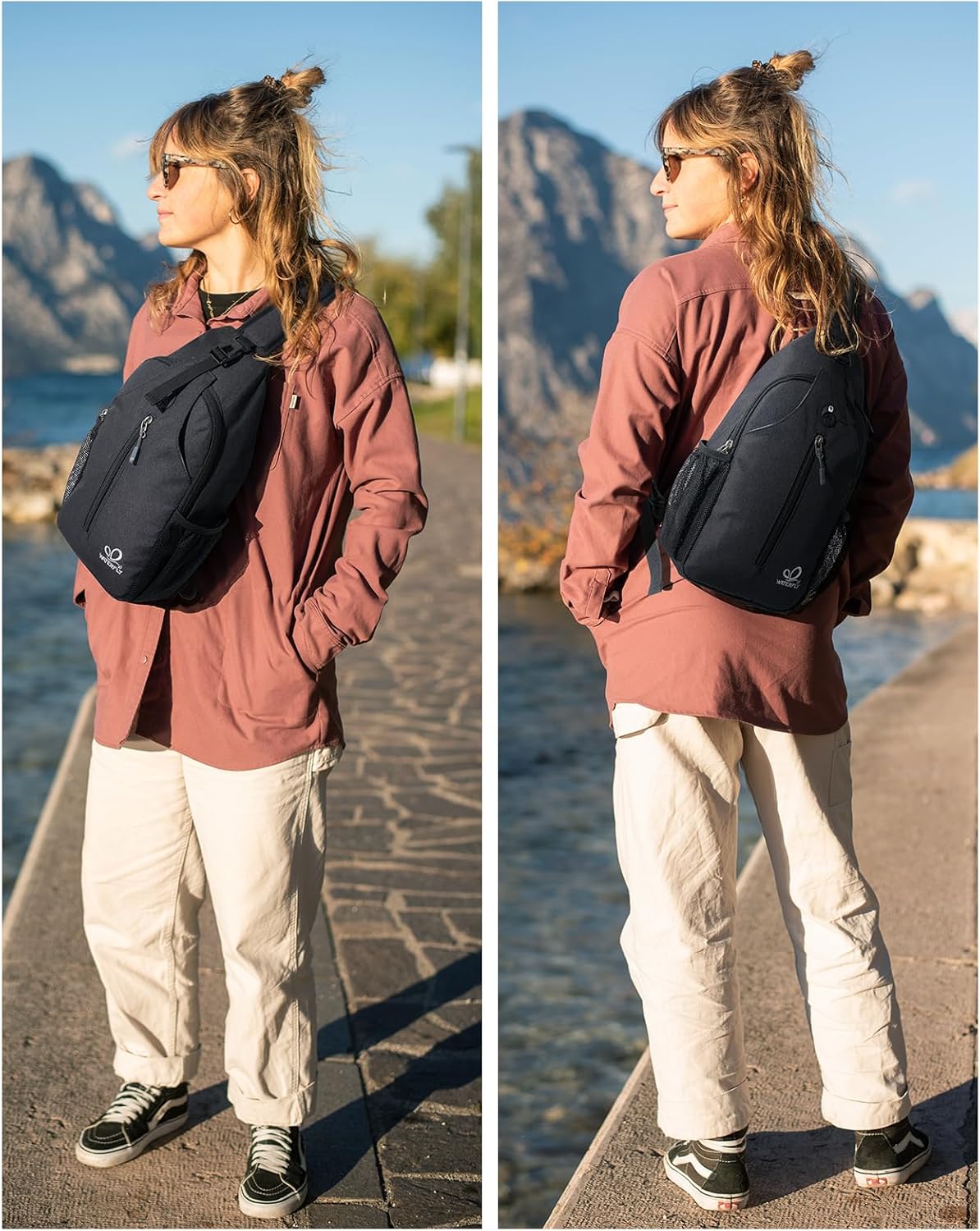 WATERFLY Crossbody Sling Backpack Sling Bag Travel Hiking Chest Bag Daypack (Black)