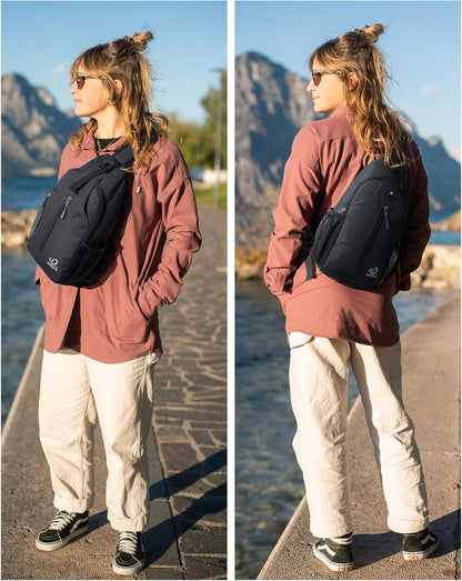 WATERFLY Crossbody Sling Backpack Sling Bag Travel Hiking Chest Bag Daypack (Black)