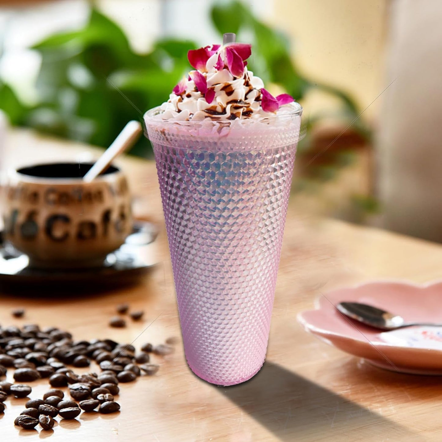 Studded Tumbler With Straw Tumblers With Lids And Straws Iridescent Blue Cups Water Cup With Straw And Lid BPA-Free Double-Wall Plastic for Iced Coffee Cups or Water 24 Oz