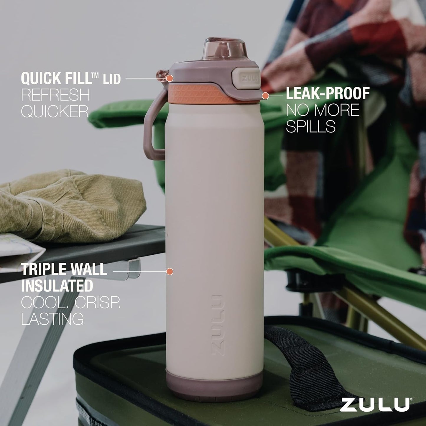 ZULU Powerfill Pro 32oz Stainless Steel Water Bottle with Quick Fill Lid, Triple Walled Vacuum Insulated Metal, Leak Proof Locking Lid, Sip and Chug, Reusable BPA Free, High Tide