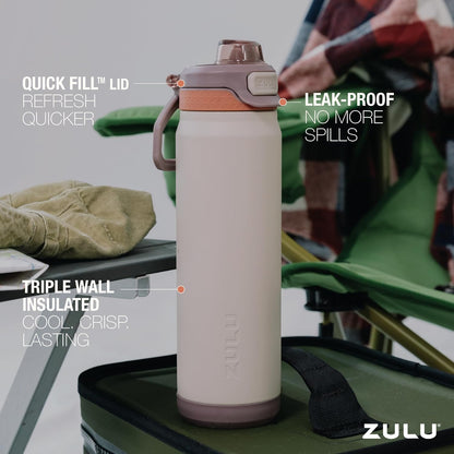 ZULU Powerfill Pro 32oz Stainless Steel Water Bottle with Quick Fill Lid, Triple Walled Vacuum Insulated Metal, Leak Proof Locking Lid, Sip and Chug, Reusable BPA Free, High Tide