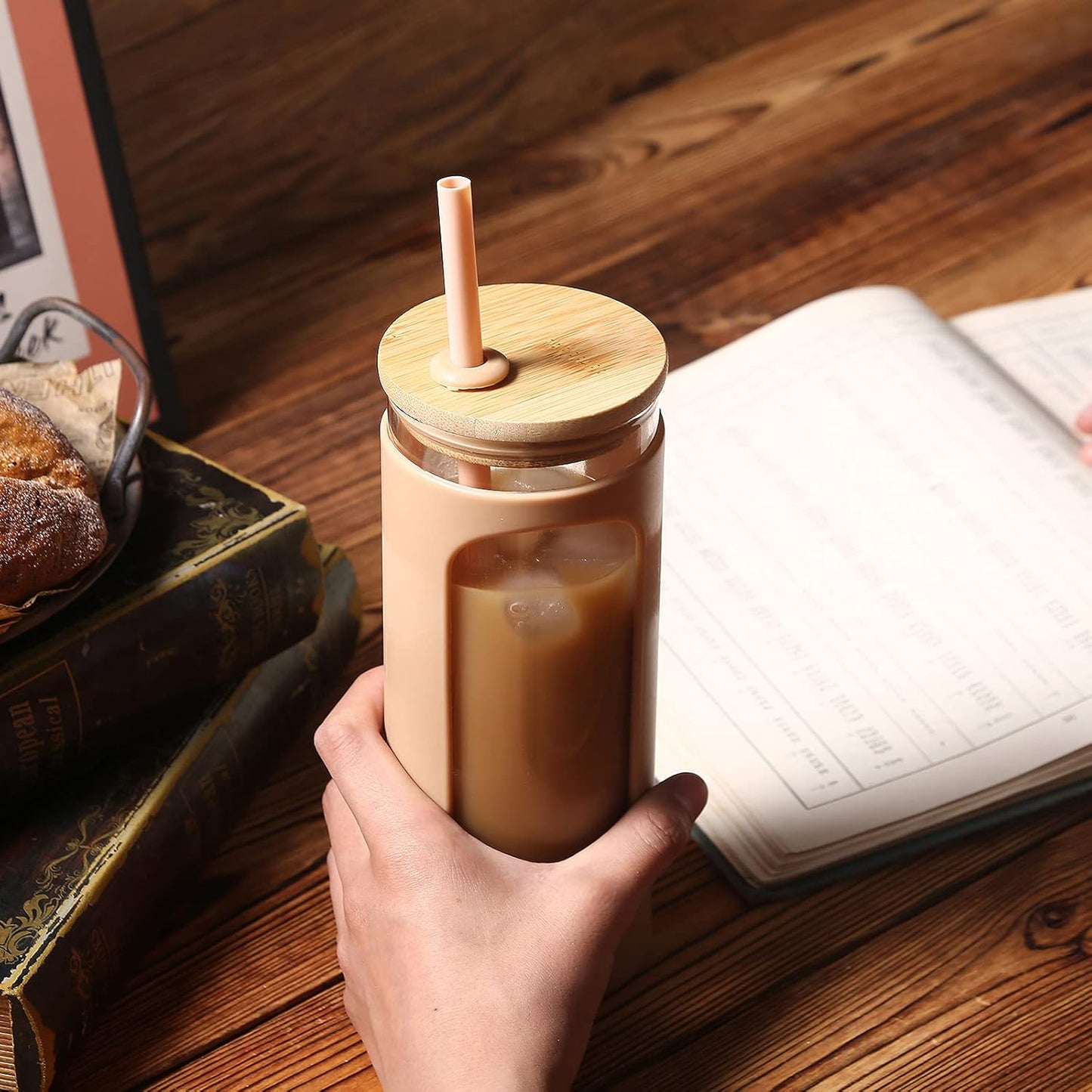 Kodrine 20oz Glass Water Tumbler with Straw and Lid, Bamboo Lids Water Bottle, Iced Coffee Cup Reusable, Wide Mouth Smoothie Cups with Protective Silicone Sleeve BPA FREE-Black - Colors B