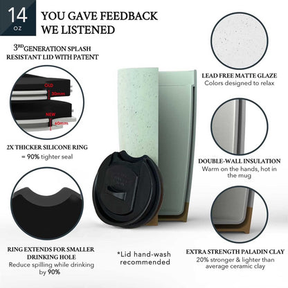Mora Double Wall Ceramic Coffee Travel Mug with Lid, 14 oz, Portable, Microwave, Dishwasher Safe, Insulated Reusable Tall Cup, Splash Resistant Lid - To Go Tumbler for Car Cup Holder, Nightwaves