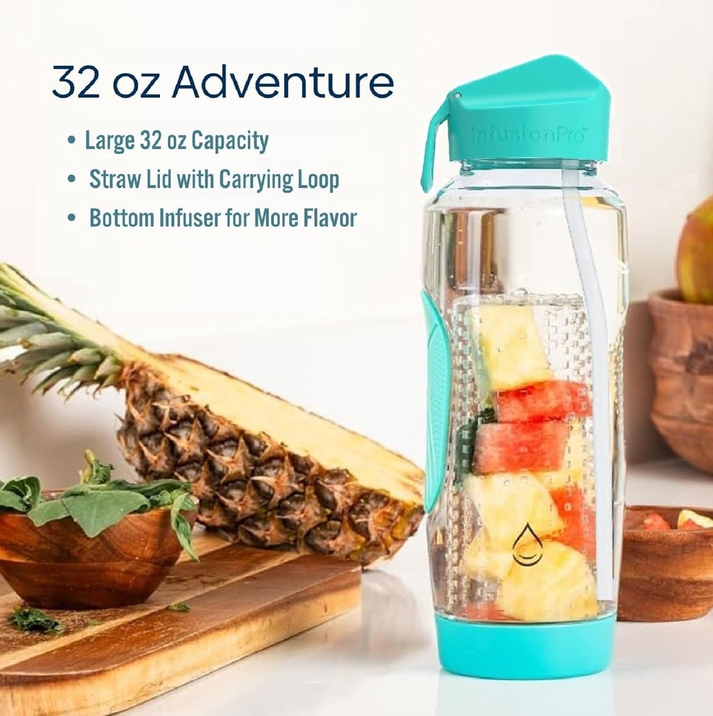 Infusion Pro 32 oz Fruit Infuser Water Bottle with Insulated Sleeve & 50 Recipe Fruit Infusion Water eBook : Bottom Loading, Large Water Infuser for More Flavor : Unique Gift Idea for Women