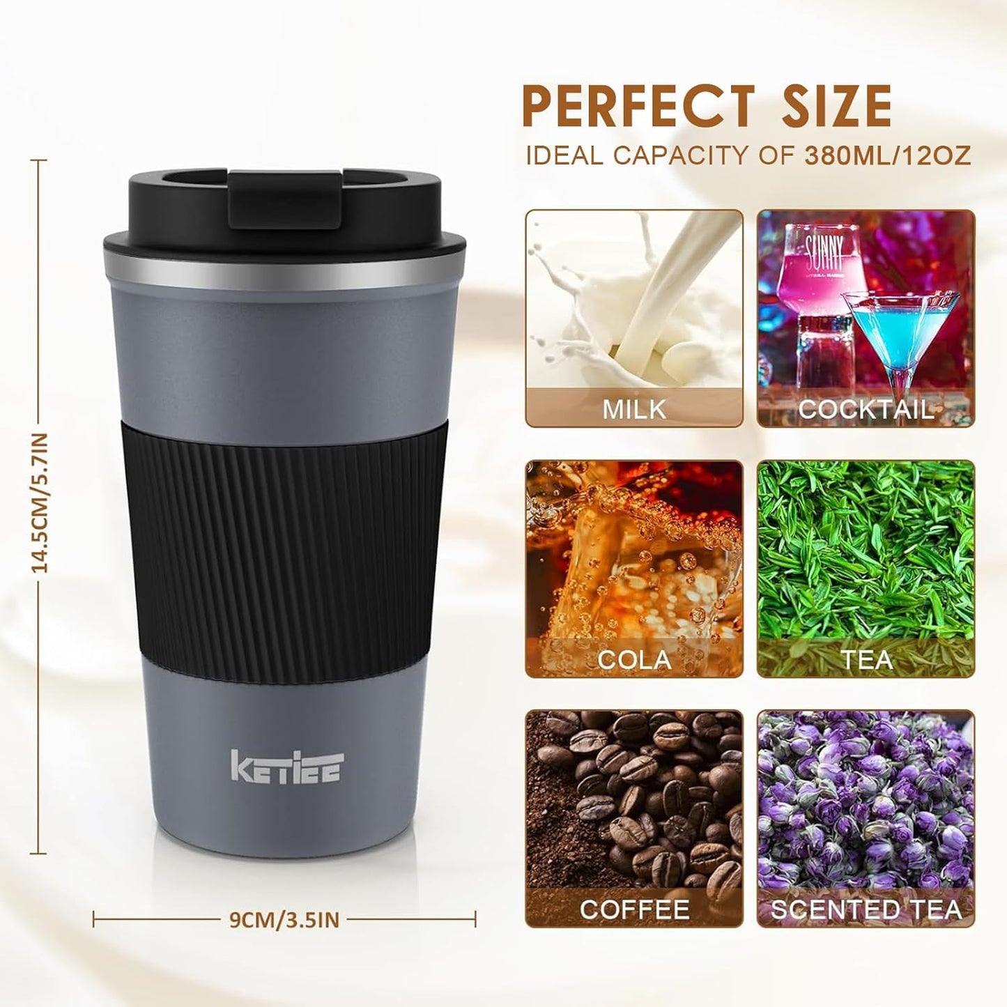 KETIEE Travel Coffee Mug Spill Proof 12oz, Insulated Travel Mug to Go, Reusable Coffee Cup with Seal Lid, Vacuum Stainless Steel Tumbler for Hot/Cold Drinks (Red)