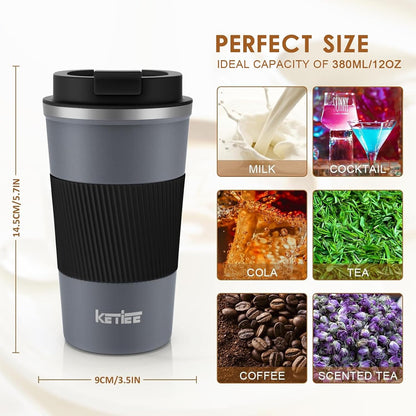 KETIEE Travel Coffee Mug Spill Proof 12oz, Insulated Travel Mug to Go, Reusable Coffee Cup with Seal Lid, Vacuum Stainless Steel Tumbler for Hot/Cold Drinks (Red)