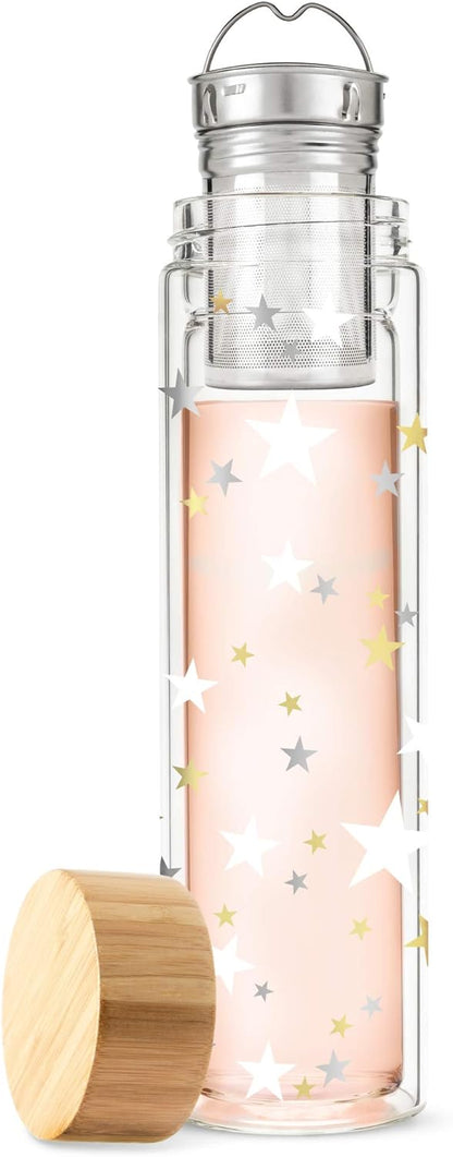 Pinky Up Blair Travel Tea Infuser Mug, Double Walled Insulated Travel Tumbler with Loose Leaf Tea Strainer, Travel Coffee Mug, Keeps Drinks Hot or Cold, 16 oz, White Leaf