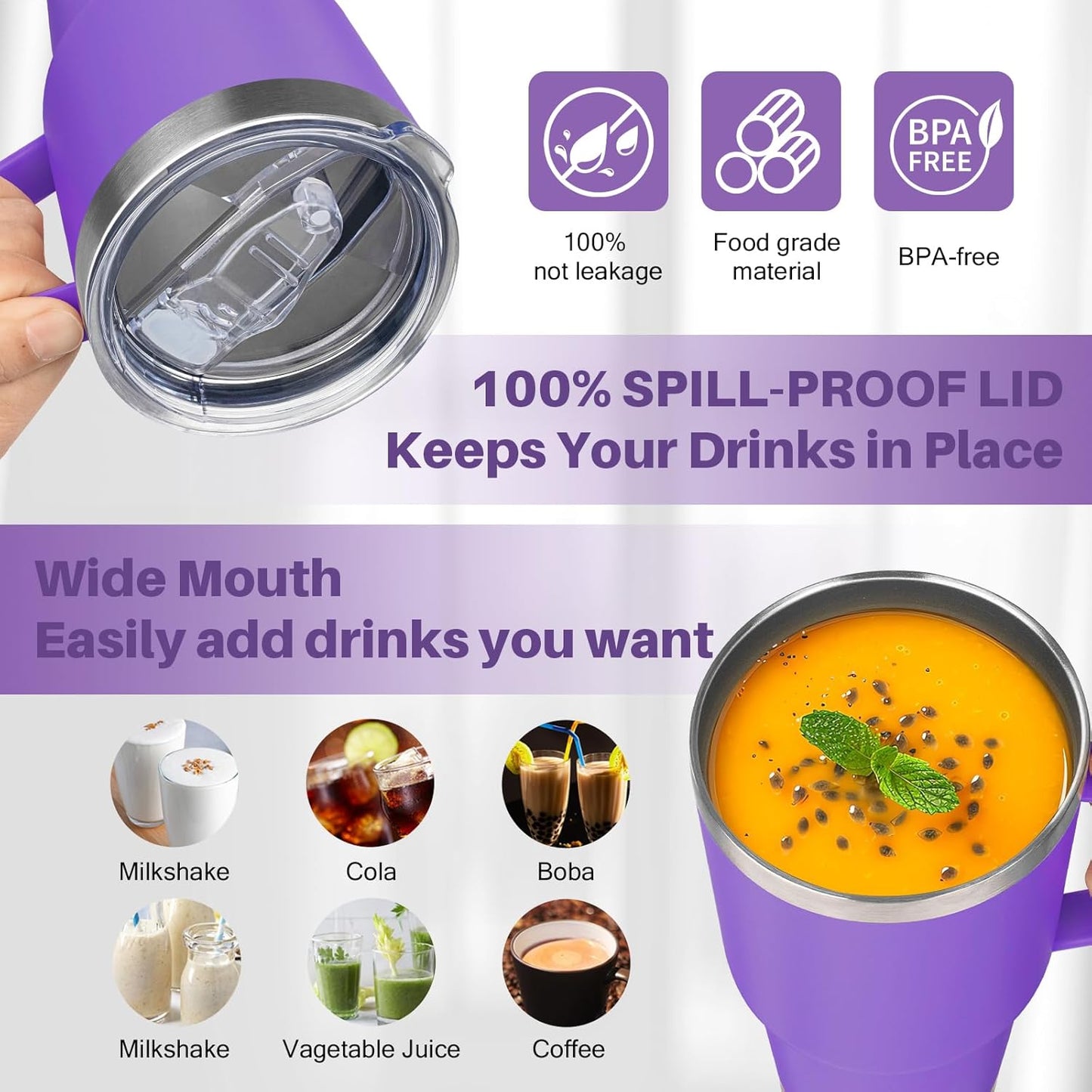 40 oz Tumbler with Handle, Insulated Tumbler with Lid and Straw, Reusable Stainless Steel Vacuum Insulated Cup, 100% Leak Proof Thermal Travel Coffee Mug Cup for Cold and Hot (Light Purple)
