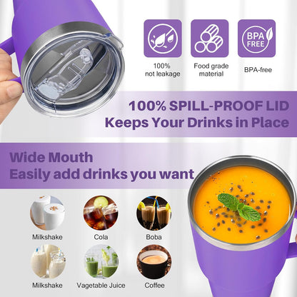 40 oz Tumbler with Handle, Insulated Tumbler with Lid and Straw, Reusable Stainless Steel Vacuum Insulated Cup, 100% Leak Proof Thermal Travel Coffee Mug Cup for Cold and Hot (Light Purple)