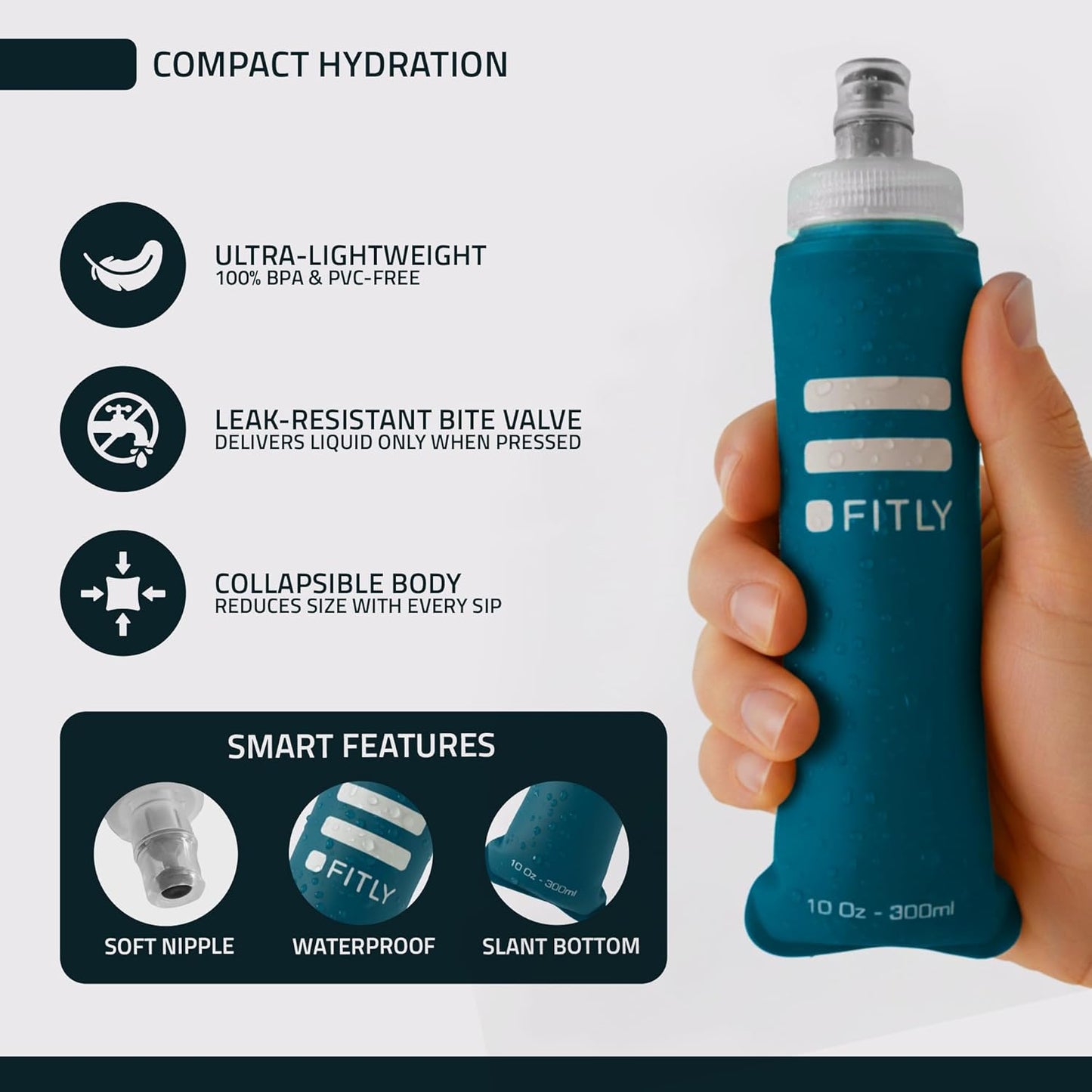 FITLY Soft Flask - Shrink As You Drink Soft Water Bottle for Hydration Pack - Folding Water Bottle Ideal for Running, Hiking, Cycling, Climbing & Rigorous Activity